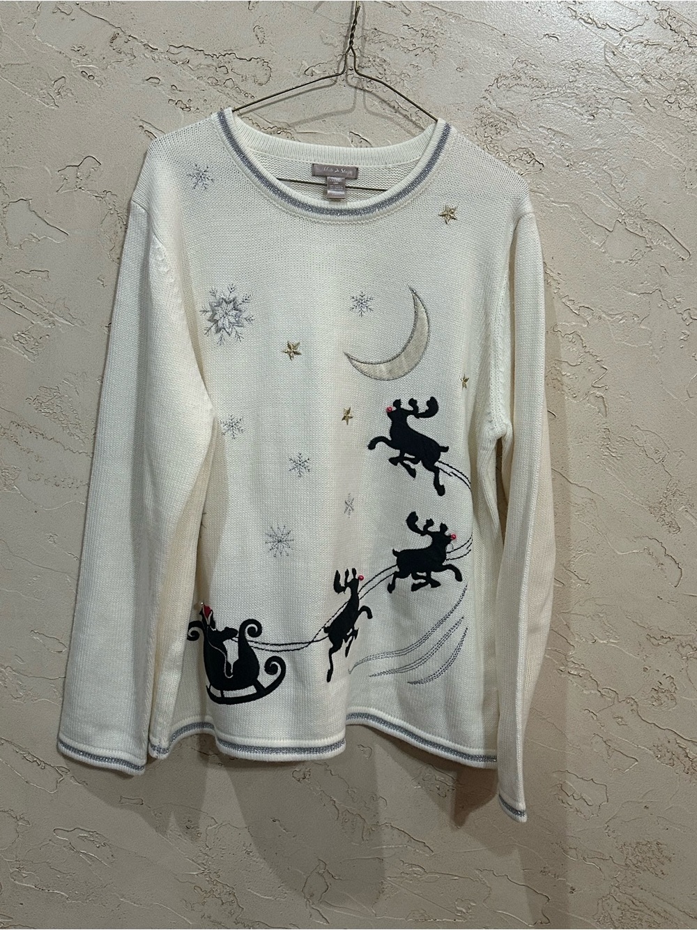 White Stag Christmas Holiday Sweater Santa’s Reindeer Sleigh Embroidery Size XXL